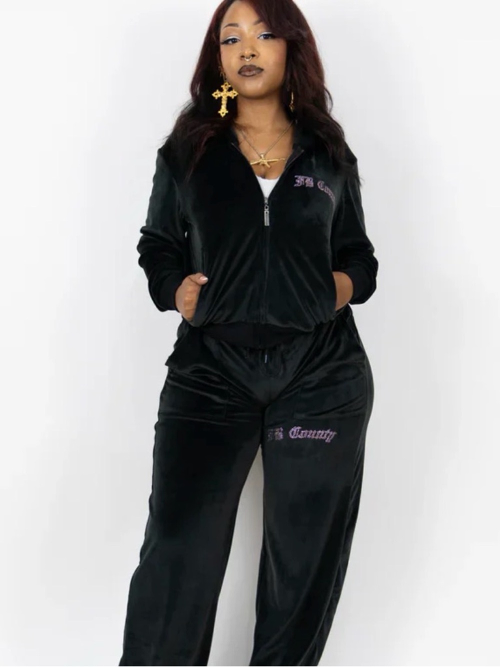 HARD TO FIND - Black FB County Velour Tracksuit with pink Rhinestone detailing